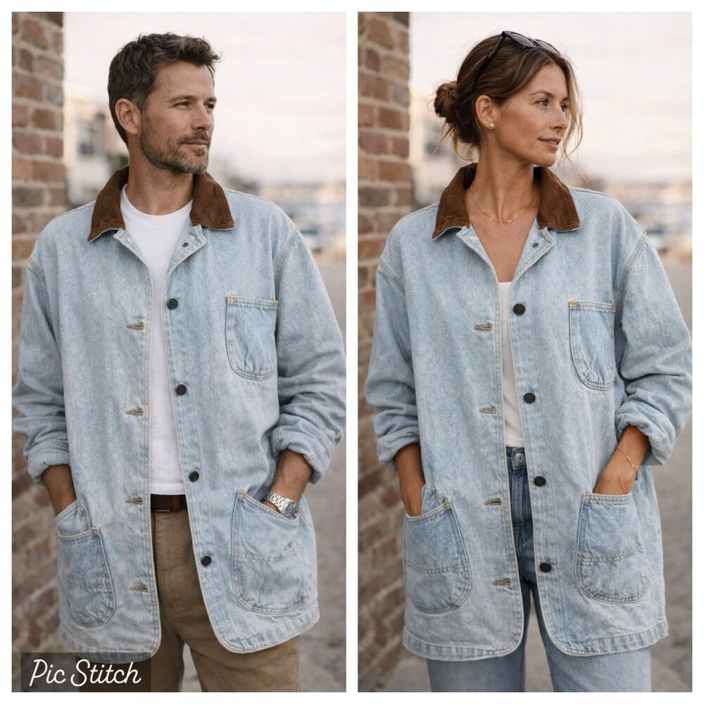 Vintage Sunbelt Denim Chore Jacket Sz L Light Wash Brown Canvas Collar Unisex